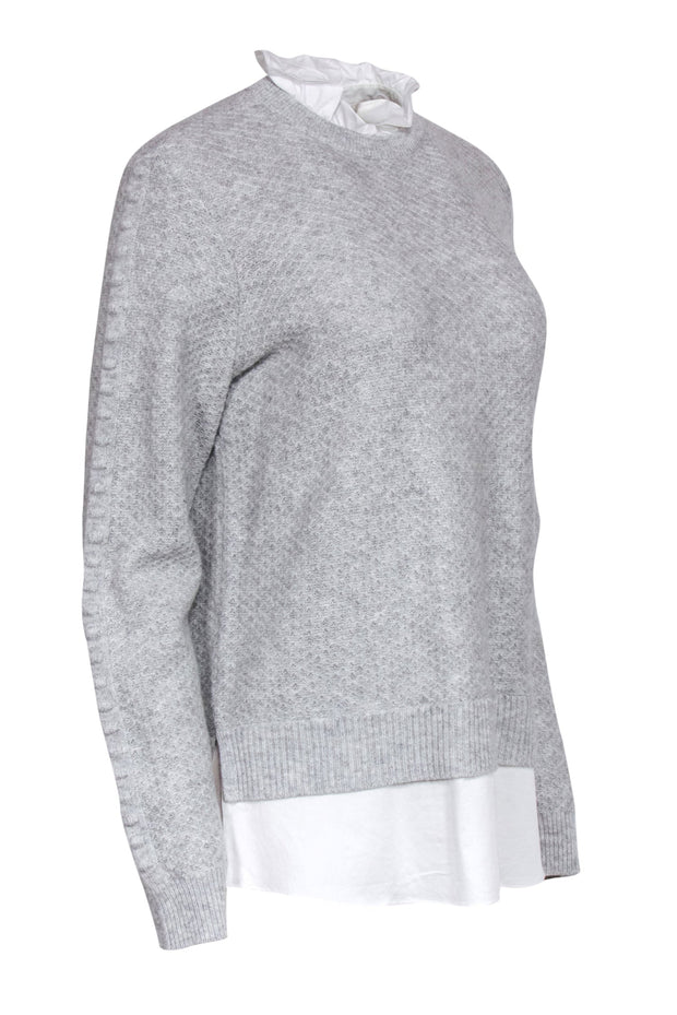 Current Boutique-Ted Baker - Grey Textured Knit Sweater w/ Ruffled Shirt Underlay Sz 6