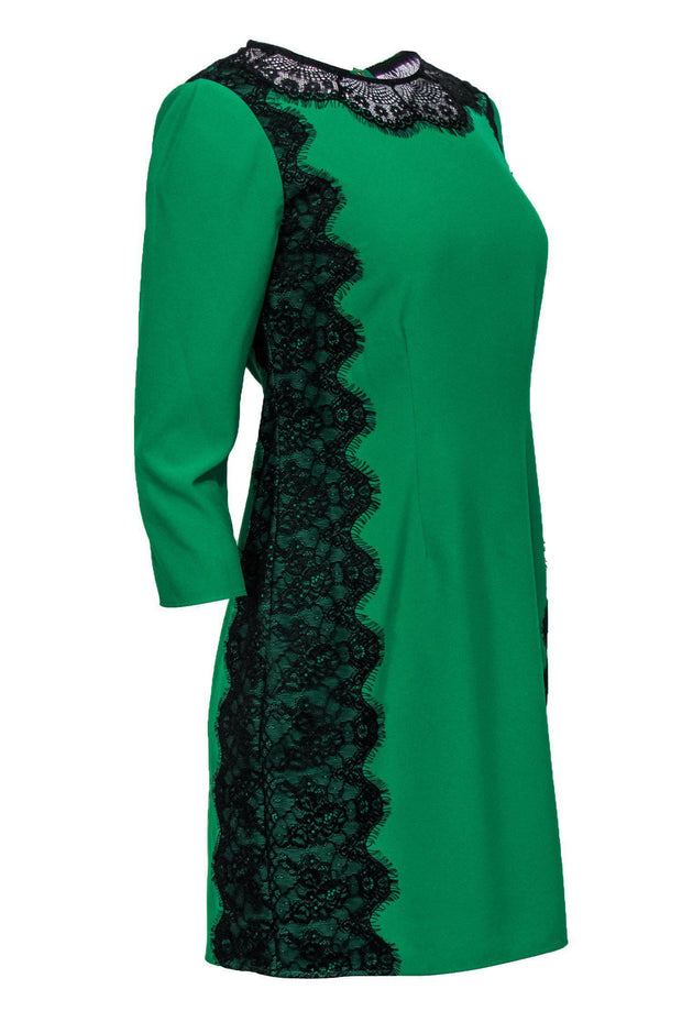 Current Boutique-Ted Baker - Kelly Green Long Sleeve Sheath Dress w/ Black Lace Trim Sz 6