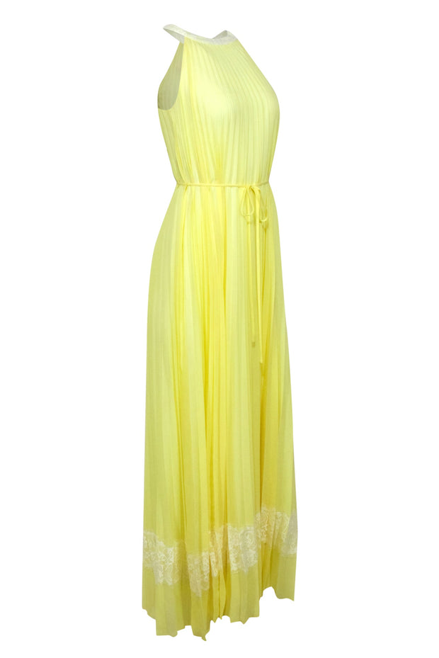 Current Boutique-Ted Baker - Lemon Yellow Pleated Belted Maxi Dress w/ Lace Trim Sz 2