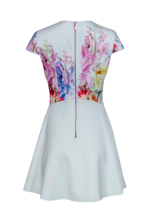 Ted Baker Light Blue Floral Print Cap Sleeve Fit Flare Dress