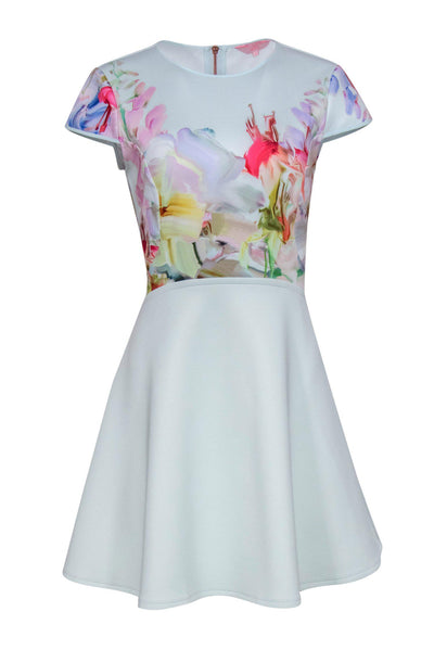 Current Boutique-Ted Baker - Light Blue Floral Print Cap Sleeve Fit & Flare Dress Sz 8