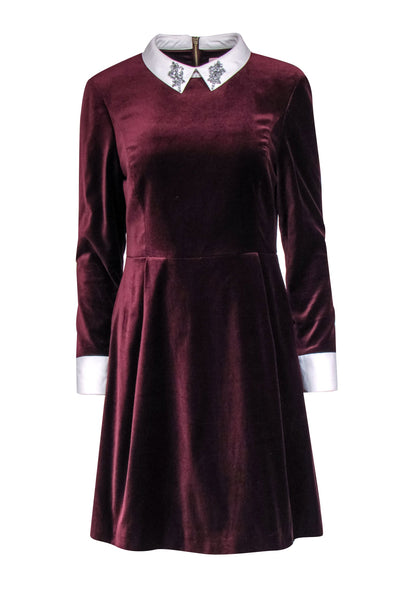 Current Boutique-Ted Baker - Maroon Velvet A-Line Dress w/ Jeweled Peter Pan Collar Sz 8