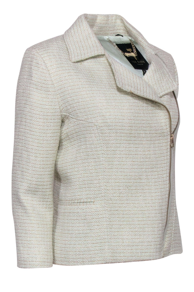 Current Boutique-Ted Baker - Mint Green & Gold Woven Tweed Moto Jacket Sz 6