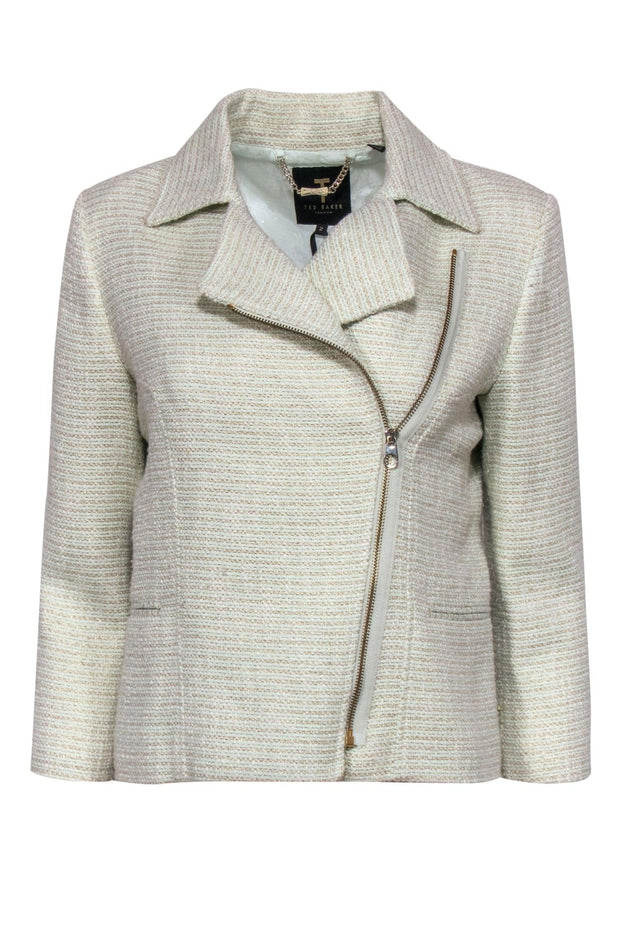 Current Boutique-Ted Baker - Mint Green & Gold Woven Tweed Moto Jacket Sz 6