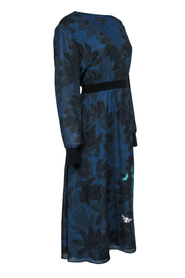 Current Boutique-Ted Baker - Navy & Black Floral Print Maxi Dress w/ Leopard Jungle Graphic Sz 12