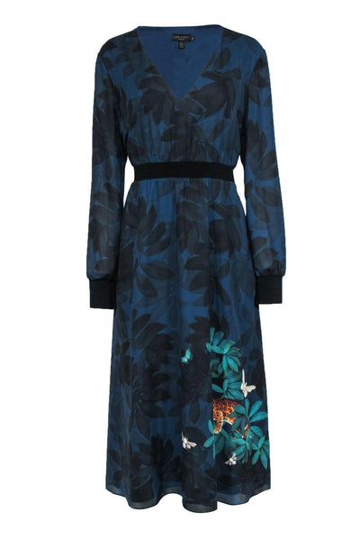Current Boutique-Ted Baker - Navy & Black Floral Print Maxi Dress w/ Leopard Jungle Graphic Sz 12