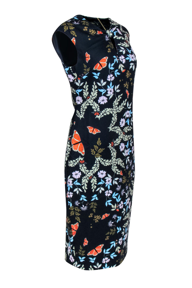 Current Boutique-Ted Baker - Navy Butterflies & Flower Print Gathered Neckline Midi Dress Sz 8