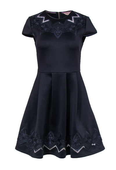 Current Boutique-Ted Baker - Navy Fit & Flared Dress w/ Embroidery Sz 4