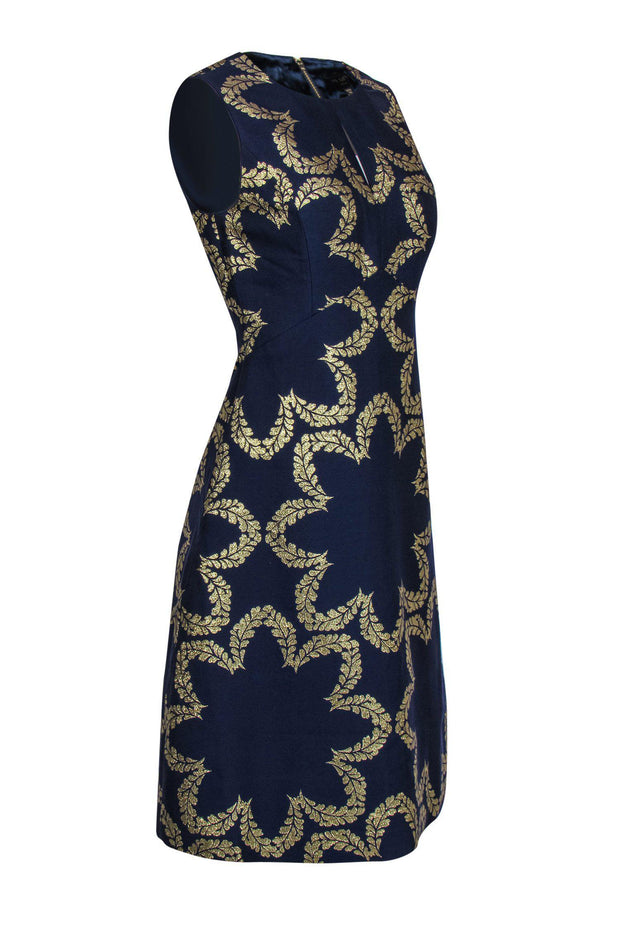 Current Boutique-Ted Baker - Navy & Gold Laurel Patterned A-Line Dress Sz 4