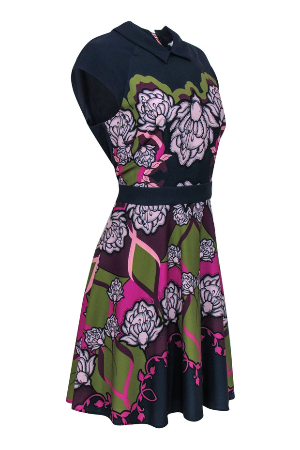 Current Boutique-Ted Baker - Navy & Multicolor Abstract Floral Print Fit & Flare Dress Sz 10