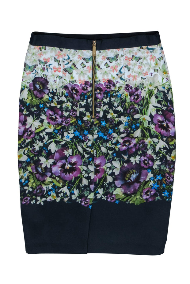 Current Boutique-Ted Baker - Navy & Multicolor Floral & Nature Print Pencil Skirt Sz 8