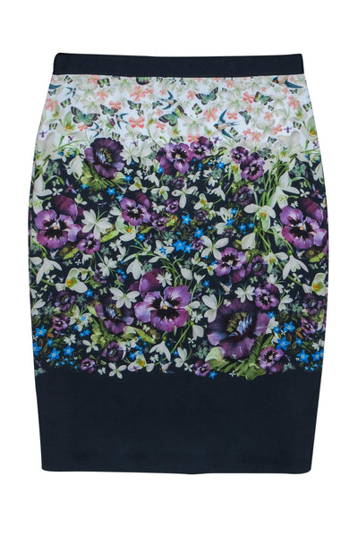 Current Boutique-Ted Baker - Navy & Multicolor Floral & Nature Print Pencil Skirt Sz 8