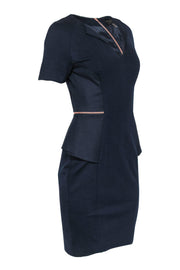 Current Boutique-Ted Baker - Navy Peplum Sheath Dress w/ Rose Gold Zippers Sz 6