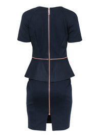 Current Boutique-Ted Baker - Navy Peplum Sheath Dress w/ Rose Gold Zippers Sz 6