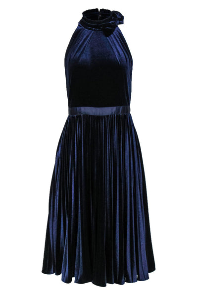 Current Boutique-Ted Baker - Navy Velvet Pleated Midi Dress w/ Bow Neck Sz 2