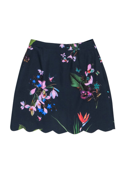 Current Boutique-Ted Baker - Navy w/ Floral Print Scalloped Hem Miniskirt Sz 0