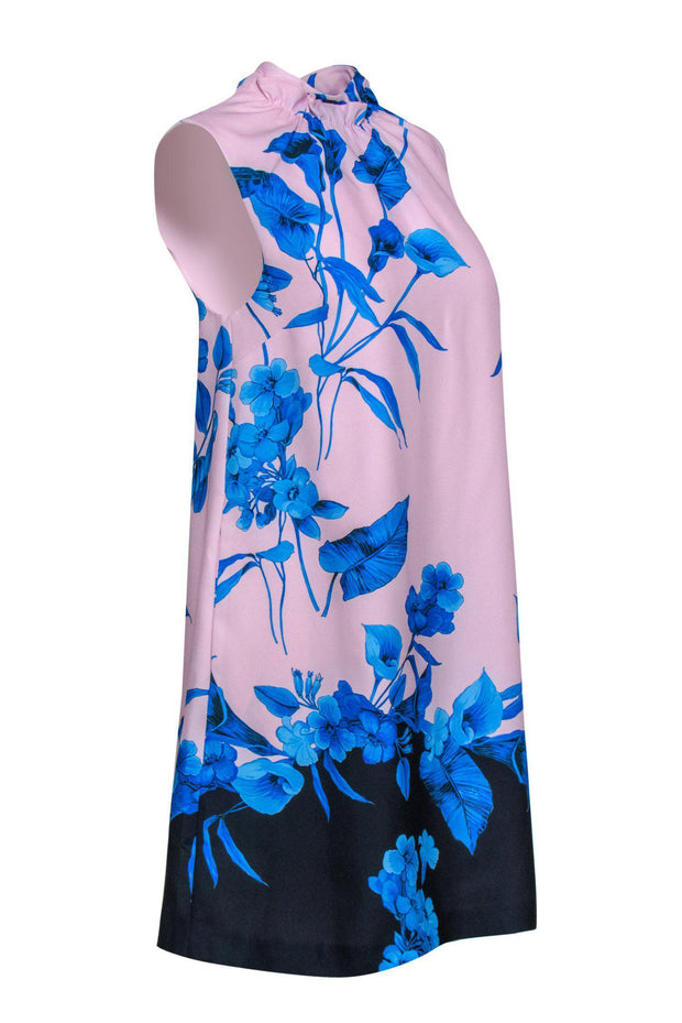 Current Boutique-Ted Baker - Pink & Blue Floral Print Sleeveless Shift Dress w/ Ruffle Neckline Sz 4