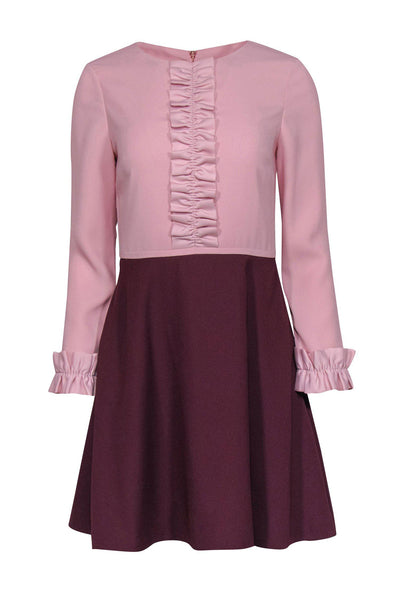 Current Boutique-Ted Baker - Pink & Burgundy Two-Toned Ruffle Long Sleeve Fit & Flare Dress Sz 4