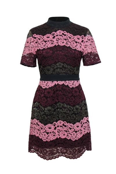Current Boutique-Ted Baker - Pink, Maroon & Green Lace Striped A-Line Dress Sz 6
