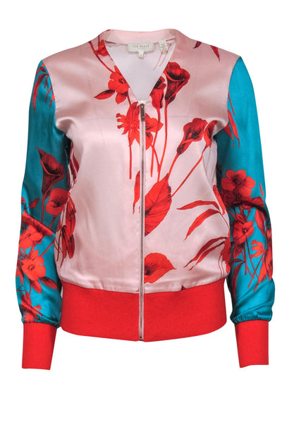 Current Boutique-Ted Baker - Pink, Red & Teal Floral Print Satin Track Jacket Sz 4