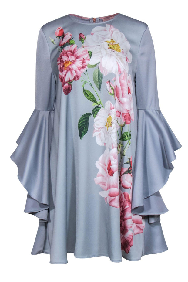 Current Boutique-Ted Baker - Powder Blue Floral "Iguazu" Ruffled Bell Sleeve Dress Sz 8