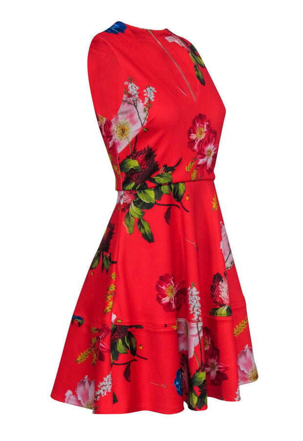 Current Boutique-Ted Baker - Red Floral V-Neck Fit & Flare Dress Sz 4