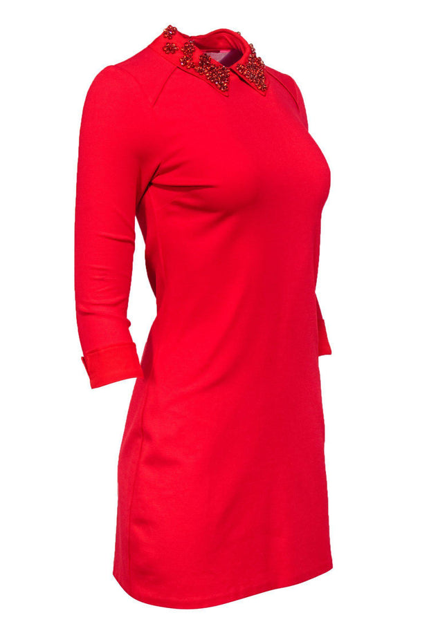 Current Boutique-Ted Baker - Red Quarter Sleeve Dress w/ Floral Rhinestone Collar Sz XS