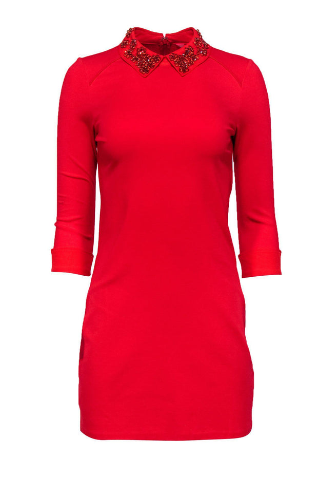 Current Boutique-Ted Baker - Red Quarter Sleeve Dress w/ Floral Rhinestone Collar Sz XS