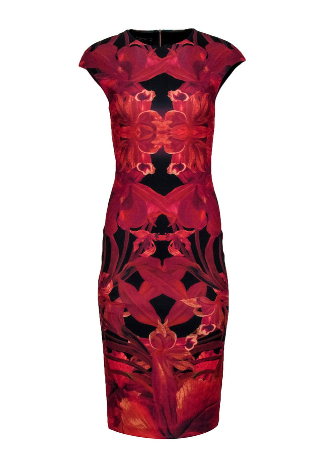 Current Boutique-Ted Baker - Red and Black Floral Print Cap Sleeve Dress Sz 2