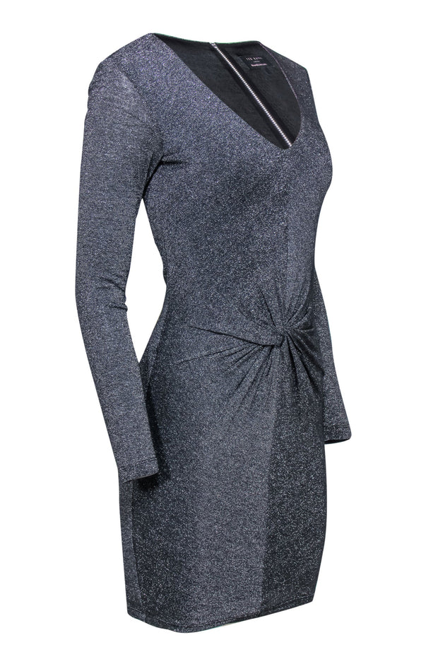 Current Boutique-Ted Baker - Silver Sparkly Knotted Long Sleeve Sheath Dress Sz 2