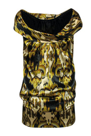 Current Boutique-Ted Baker - Sleeveless Gold & Green Filigree Silk Dress w/ Cowl Neck Sz 6