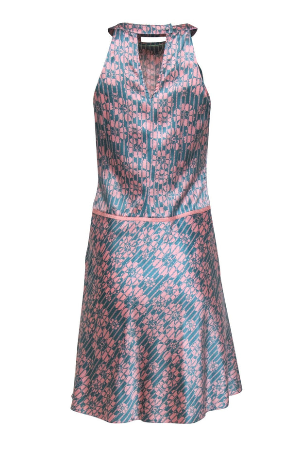 Current Boutique-Ted Baker - Teal & Pink Floral Satin A-Line Dress Sz 6