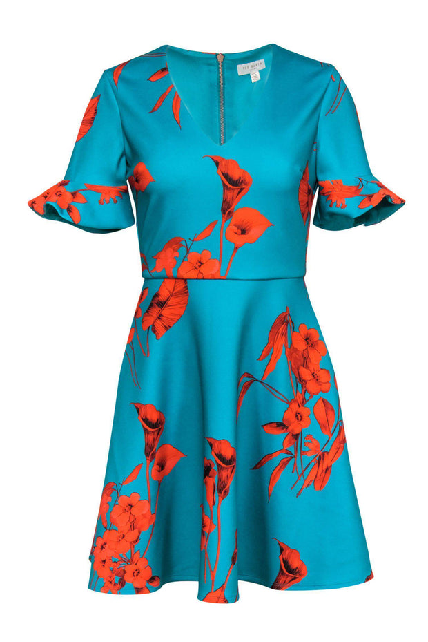 Current Boutique-Ted Baker - Turquoise & Red Floral Print Bell Sleeve Fit & Flare Dress Sz 4