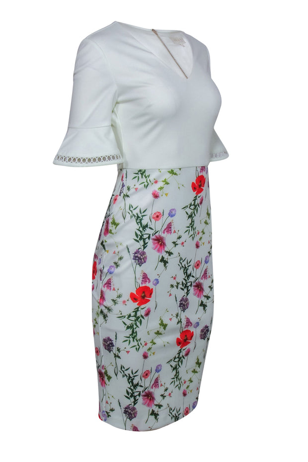 Current Boutique-Ted Baker - White Bell Sleeve Midi Dress w/ Floral Print Skirt Sz 4