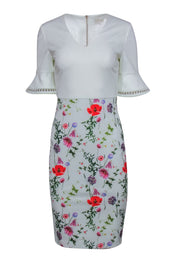 Current Boutique-Ted Baker - White Bell Sleeve Midi Dress w/ Floral Print Skirt Sz 4