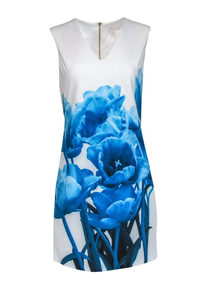 Current Boutique-Ted Baker - White & Blue Floral Printed Shift Dress Sz 4