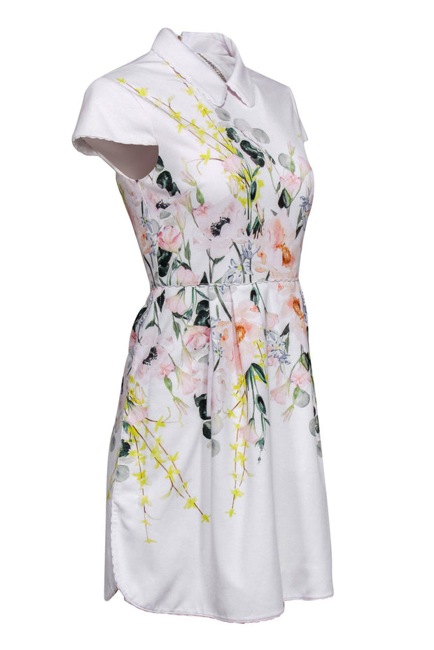 Current Boutique-Ted Baker - White Floral Print Fit & Flare Dress w/ Peter Pan Collar Sz 4
