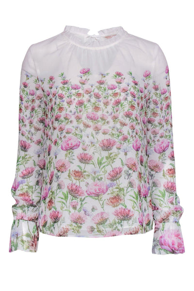 Current Boutique-Ted Baker - White, Purple & Green Floral Print Long Sleeve Ruffle Blouse Sz 4