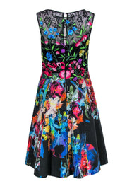 Current Boutique-Teri Jon - Black & Bright Floral Print Embroidered Sleeveless A-Line Dress Sz 4