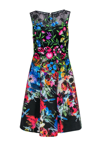 Current Boutique-Teri Jon - Black & Bright Floral Print Embroidered Sleeveless A-Line Dress Sz 4