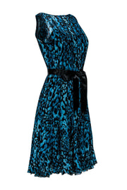 Current Boutique-Teri Jon - Blue Leopard Print Pleated Flare Dress Sz 4