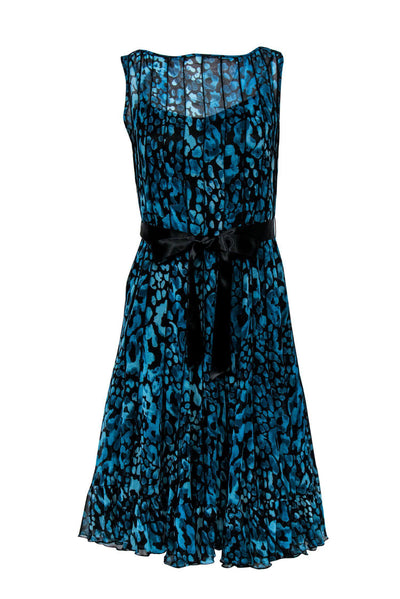 Current Boutique-Teri Jon - Blue Leopard Print Pleated Flare Dress Sz 4