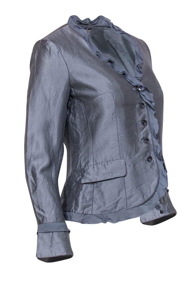 Current Boutique-Teri Jon - Blueish Silver Silk Blend Ruffle Jacket Sz 4