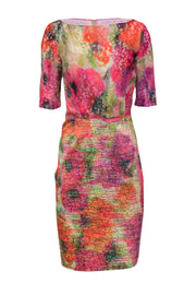 Current Boutique-Teri Jon - Multicolored Watercolor Print Tweed Sheath Dress w/ Floral Lace Top Sz 12