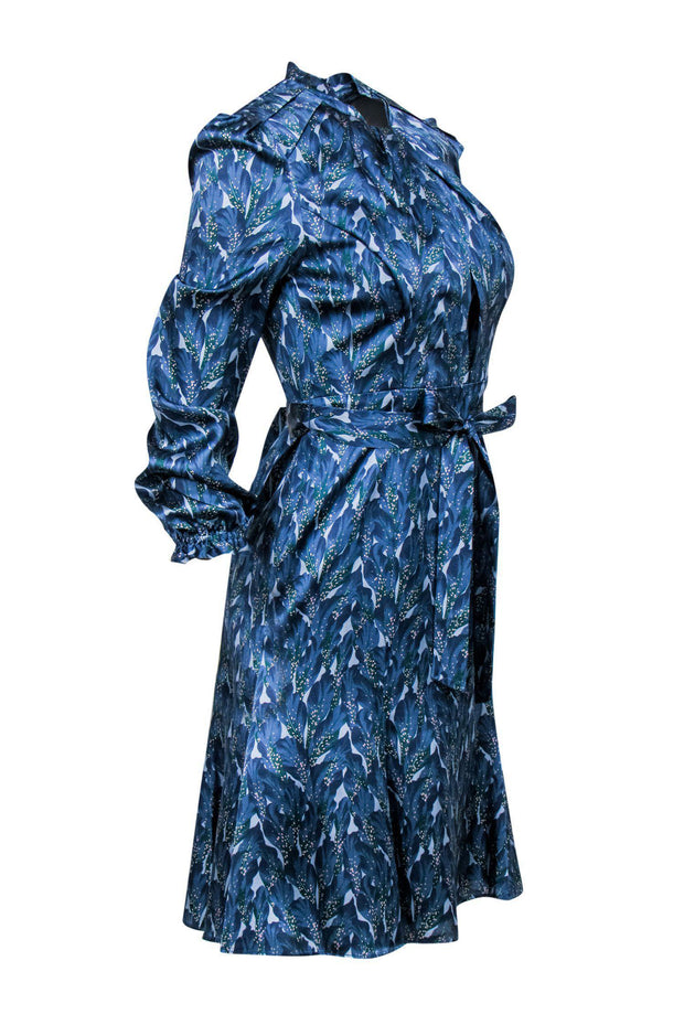 Current Boutique-The Fold - Blue Leaf Print Silk A-Line Dress w/ Belt Sz 6