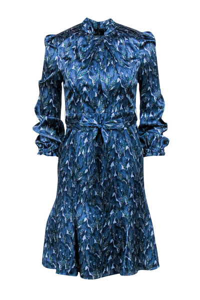 Current Boutique-The Fold - Blue Leaf Print Silk A-Line Dress w/ Belt Sz 6
