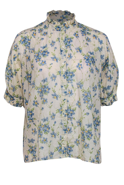 Current Boutique-The Great - Cream, Blue & Green Floral Print Button-Up Cotton Blouse Sz 2