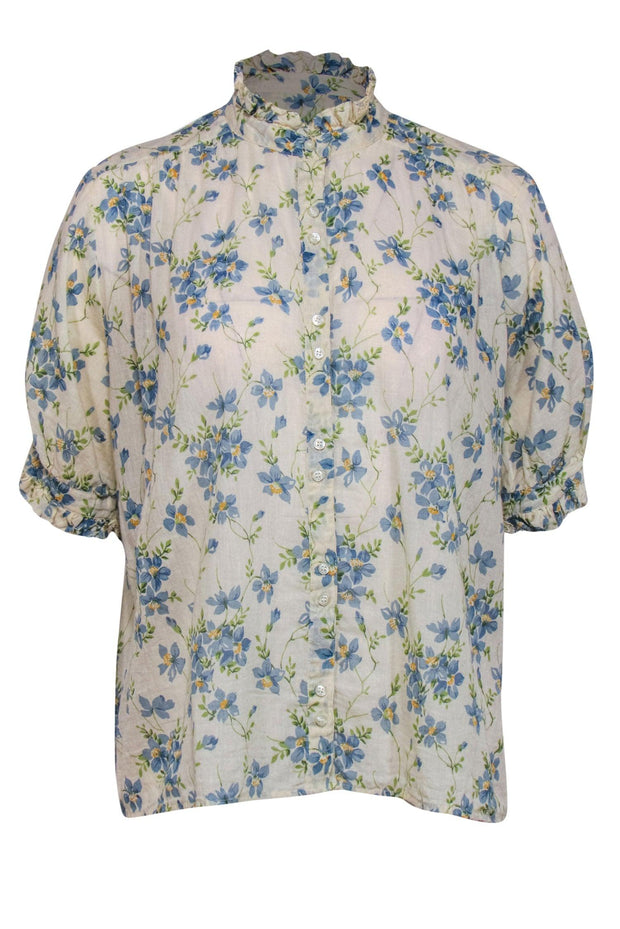 Current Boutique-The Great - Cream, Blue & Green Floral Print Button-Up Cotton Blouse Sz 2