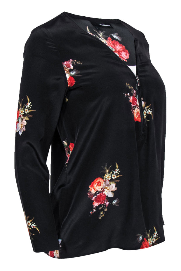 Current Boutique-The Kooples - Black Floral Print Silk Zip-Up Blouse Sz 0