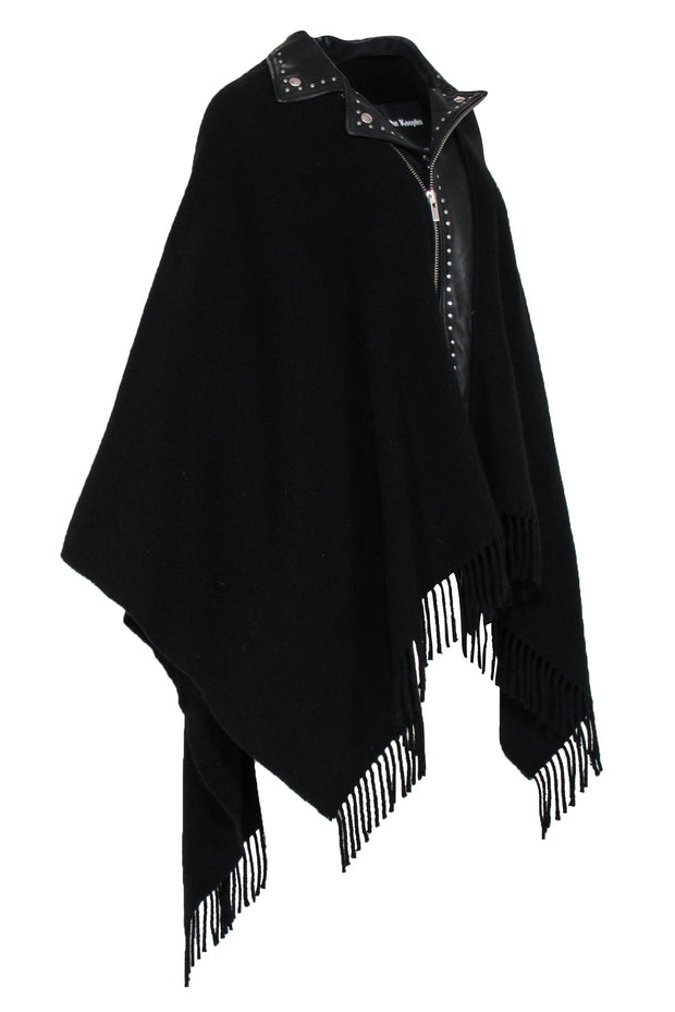 Current Boutique-The Kooples - Black Wool Blend Zip-Up Fringed Poncho w/ Studded Leather Trim OS